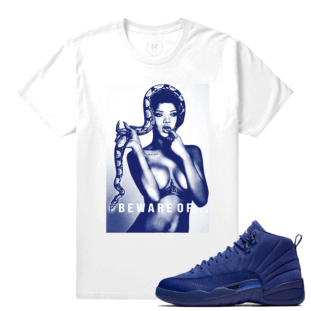 Match Jordan 12 Blue Suede | Beware of Snakes | White T shirt