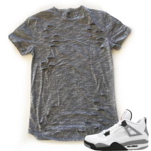 Match Air Jordan 4 Cement White | Ripped Distressed Scoop t shirt | Heather Grey