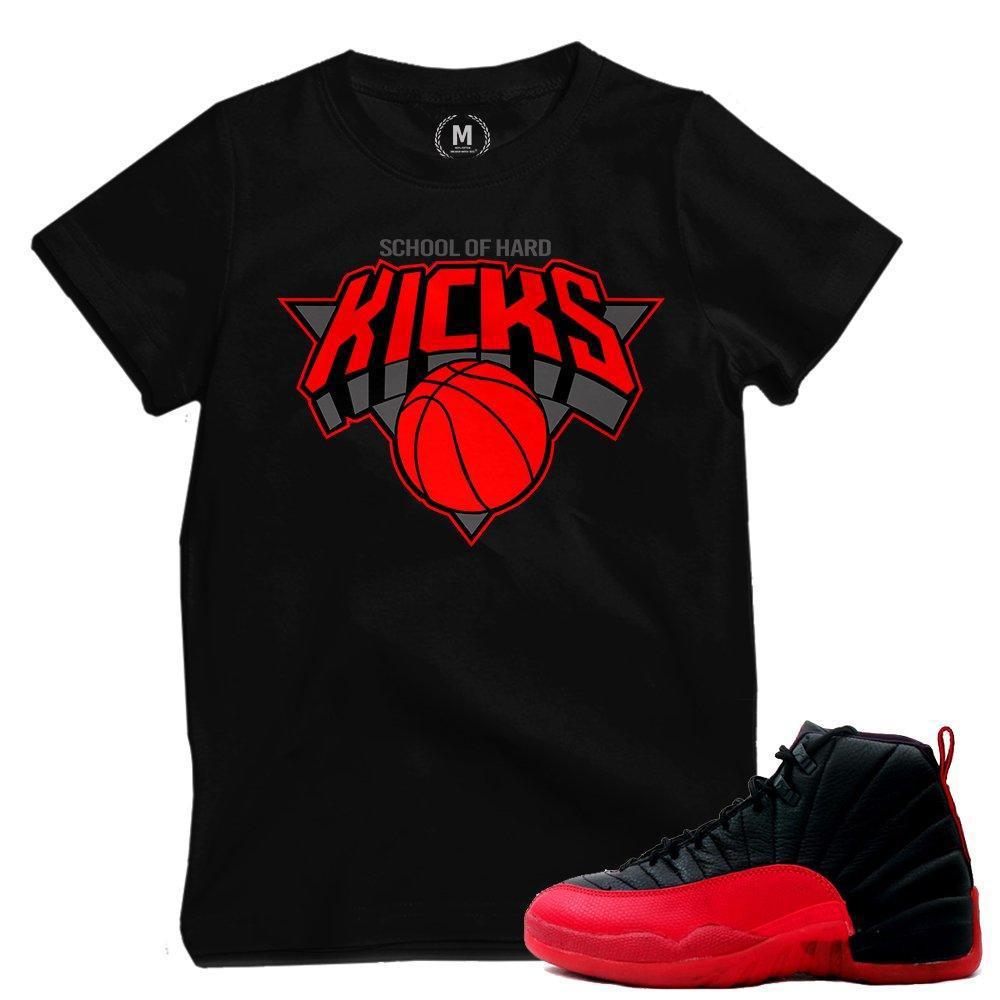 Match Flu Game 12 Jordan Retros | 'School Of Hard Kicks' | BLACK T shirt