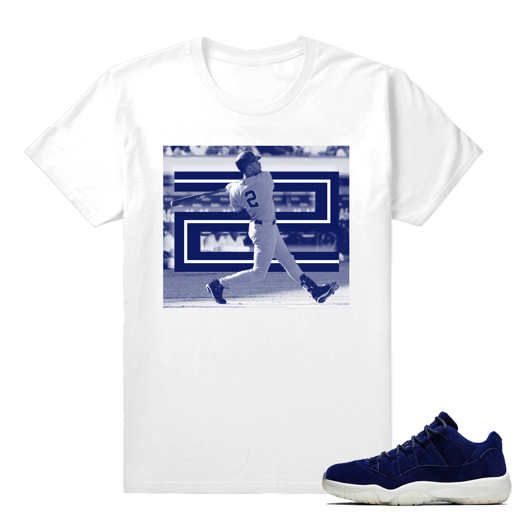 Jordan 11 Low Jeter Respect Binary Blue shirt  Jeter Swing  White tee