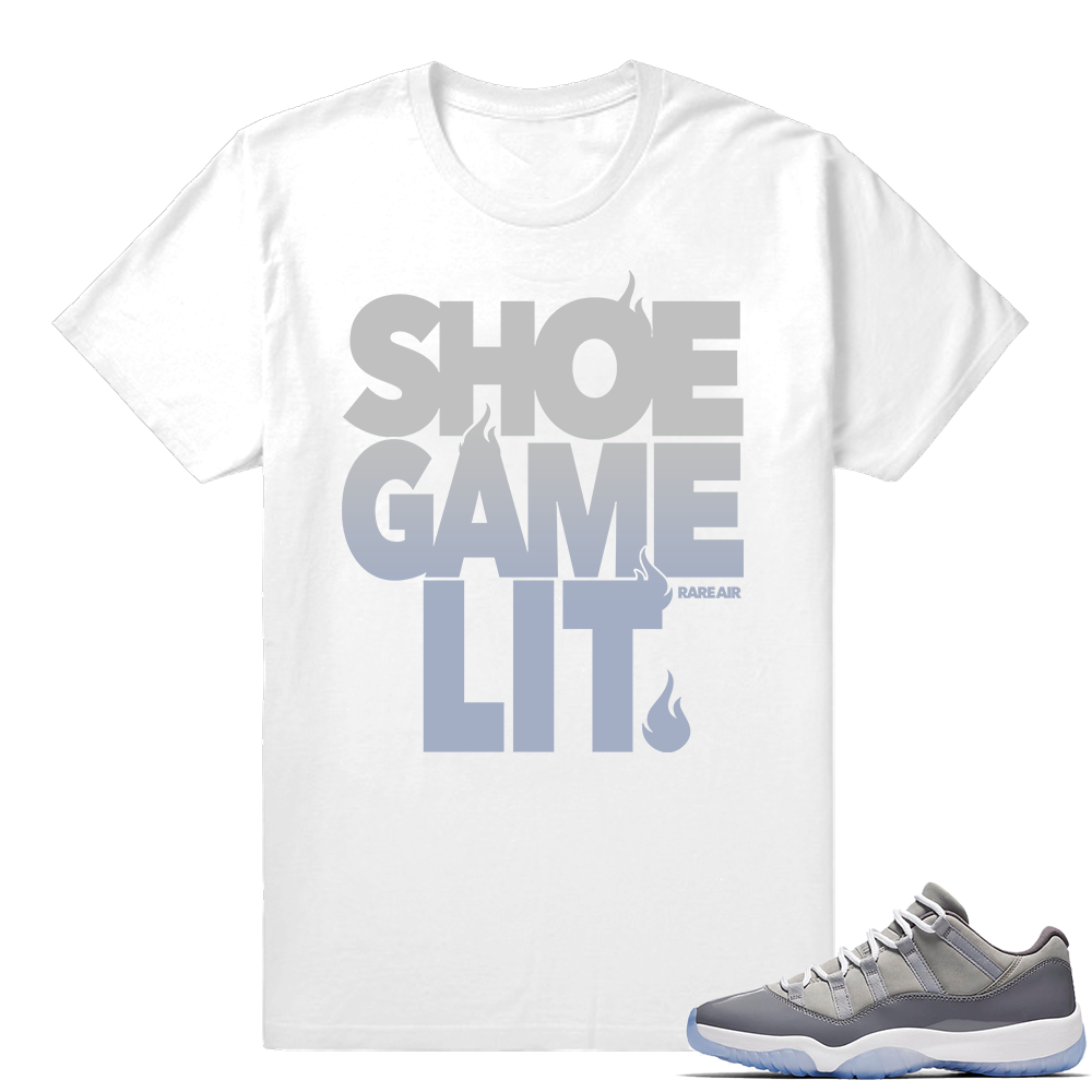 Jordan 11 low Cool Grey shirt  Shoe Game Lit  White tee