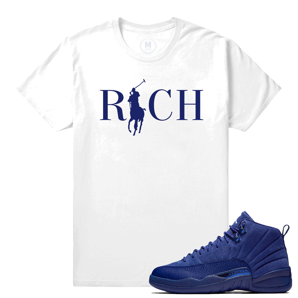 Match Jordan 12 Blue Suede | Country Club Rich | White T shirt