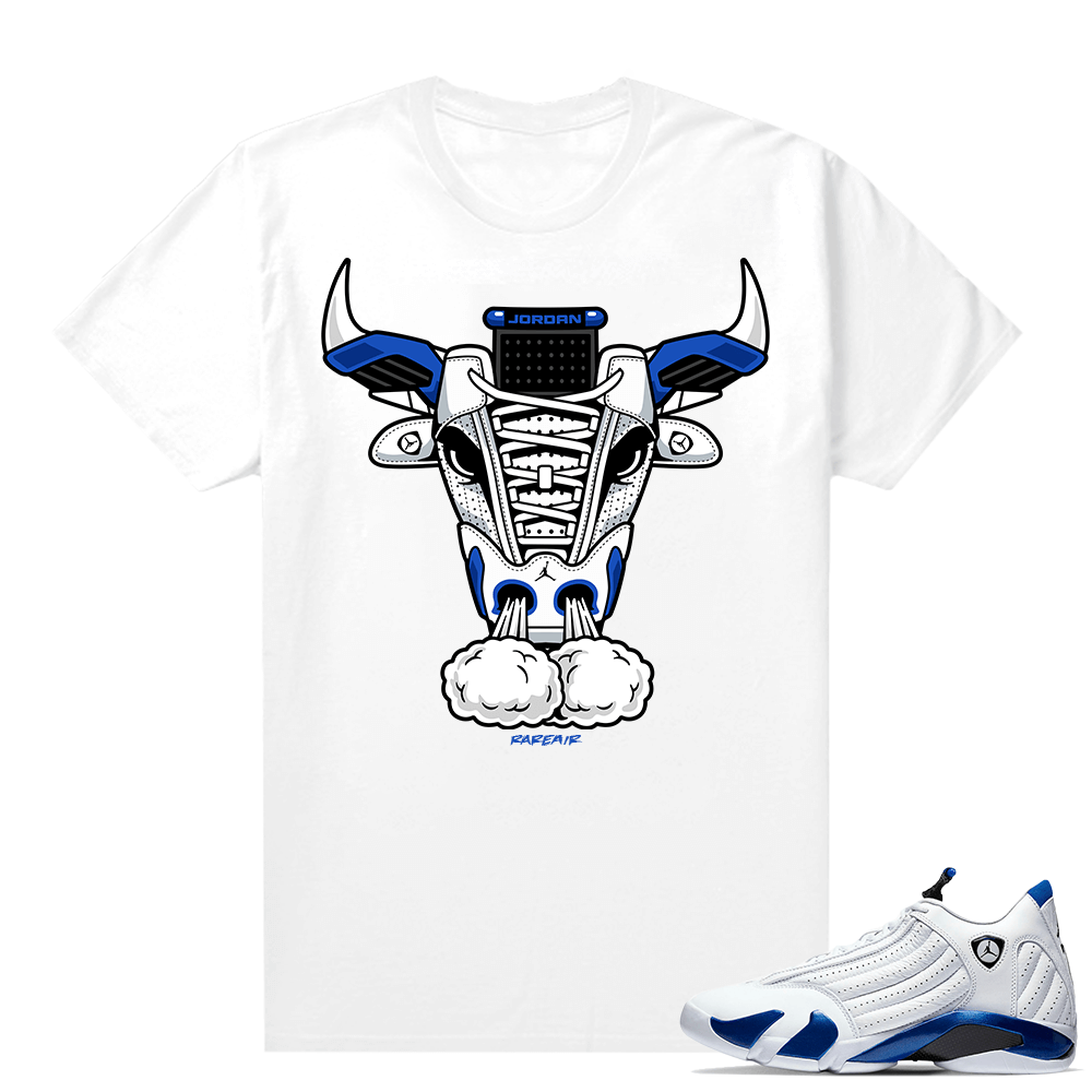 Jordan 14 Hyper Royal Matching Sneaker Tees Shirt - White - Retro 14 Bull