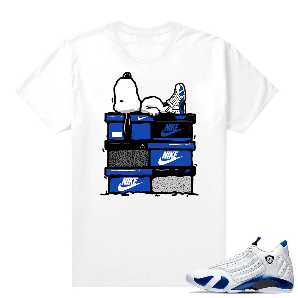 Jordan 14 Hyper Royal Matching Sneaker Tees Shirt - White - Sneakerhead Snoopy