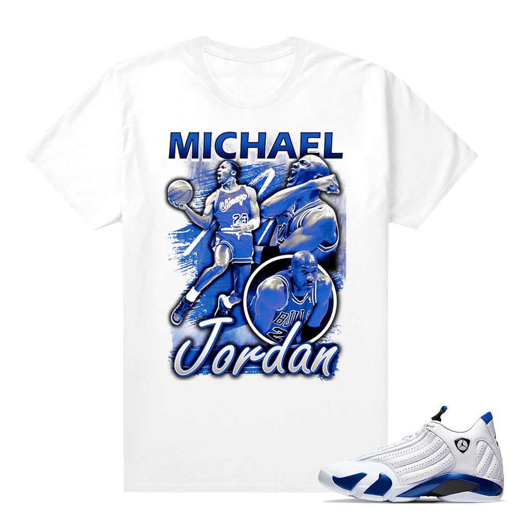 Jordan 14 Hyper Royal Matching Sneaker Tees Shirt - White - Vintage MJ