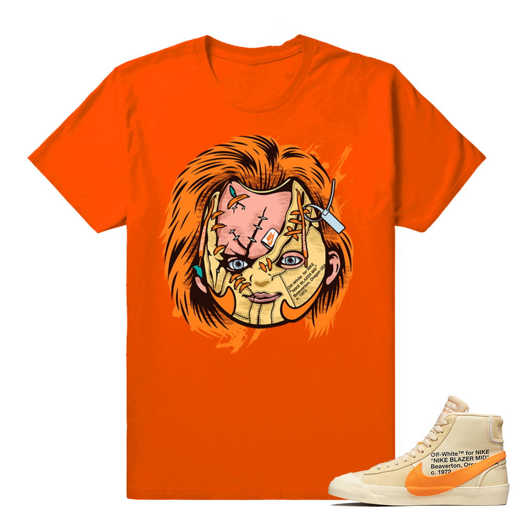 Match All Hallows Eve Off White Nike Blazer shirt | Chucky Face Mask | Orange shirt