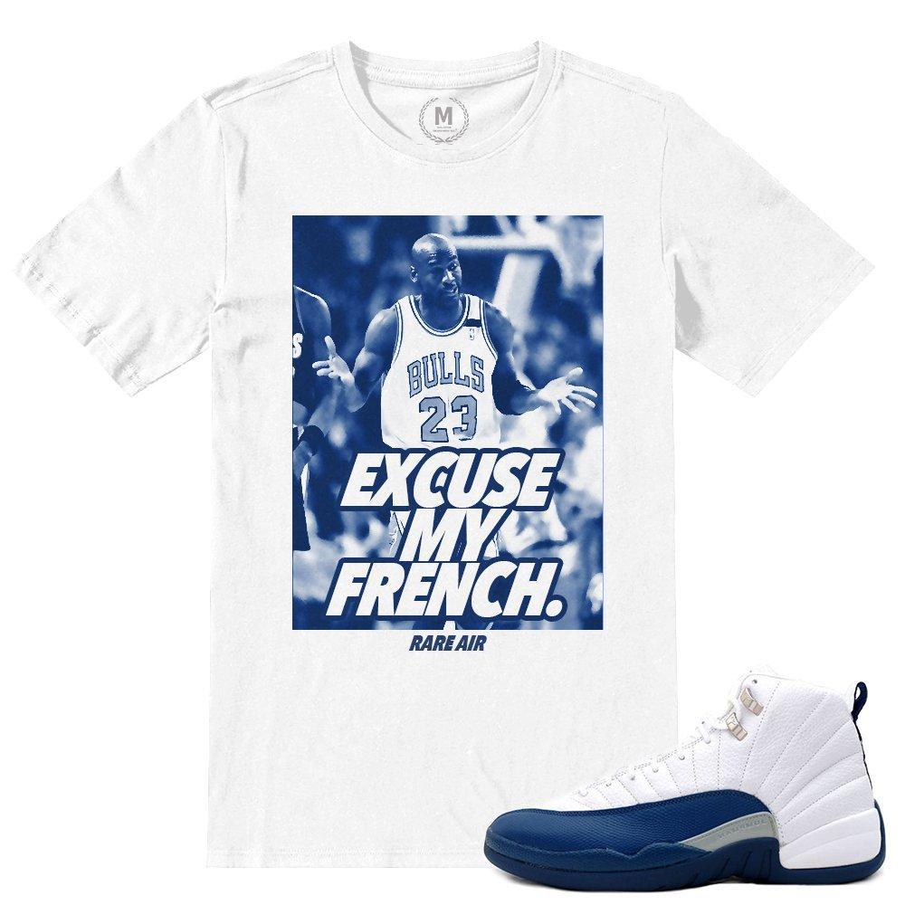 Match French Blue 12 Jordan Retros | 'FRENCH SHRUG' | White T shirt