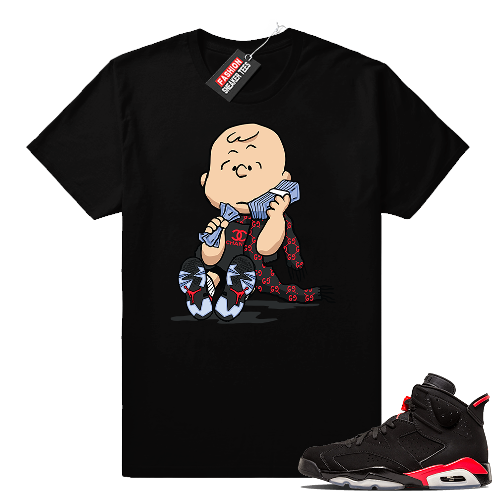 Air Jordan 6 Infrared matching sneaker shirt | Designer Charlie Brown | Black shirt