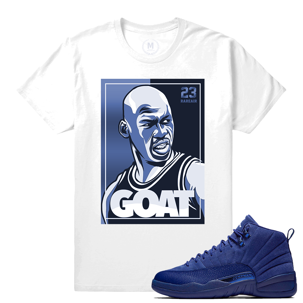 Match Jordan 12 Blue Suede | Goat Staredown | White T shirt