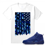 Match Jordan 12 Blue Suede | Camo Flag | White T shirt