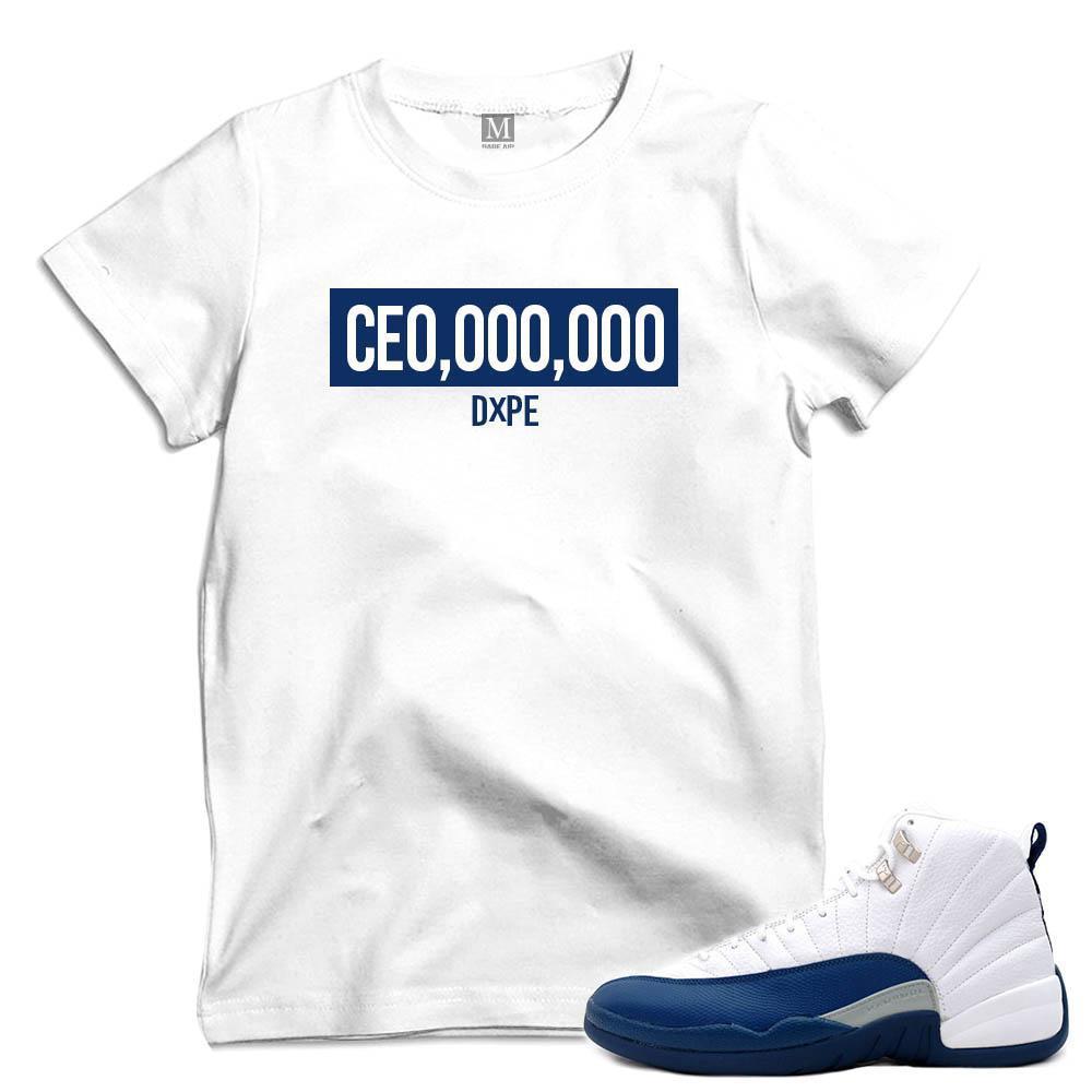 Match French Blue 12 Jordan Retros | 'DXPE CEO' | White T shirt