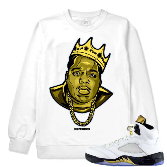 Match Olympic 5 Jordan Retro | Biggie Gold Statue | White Crewneck Sweatshirt