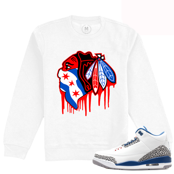 Match Jordan 3 True Blue OG | Black Hawks Drip | White Crewneck Sweatshirt