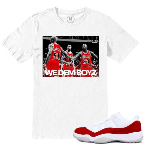 Match Varsity Red 11 lows Jordan Retros | We Dem Boyz | White T shirt