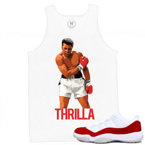 Match Varsity Red 11 lows Jordan Retros | THRILLA | White Tank Tee Shirt