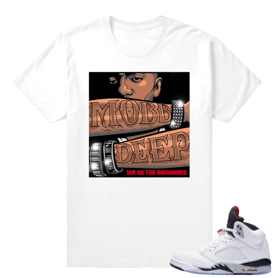 Retro 5 Cement - matching Mobb Deep Infamous T shirt- White