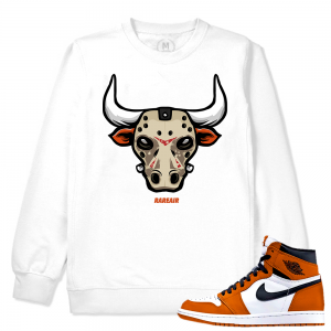 Match Reverse Shattered Backboard 1s Jordan Retro | Bully Jason Mask | White Crewneck Sweatshirt