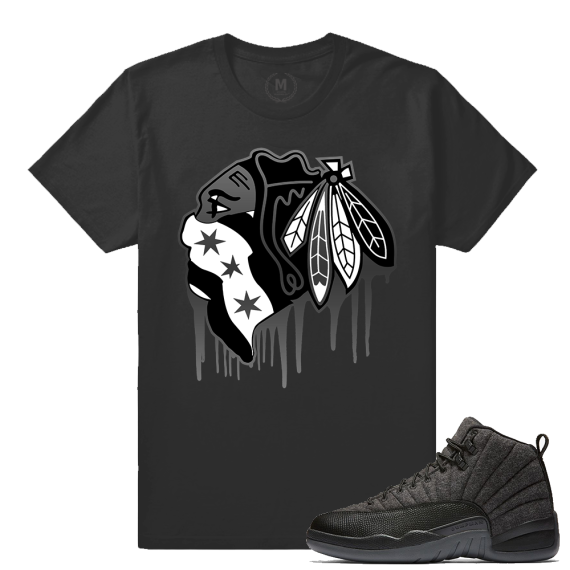 Match Wool 12 Jordan Retro | Black Hawks Drip | Dark Grey T shirt