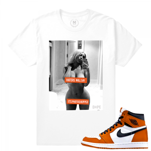 Match Reverse Shattered Backboard 1s Jordan Retro | Haters will Say | White T shirt