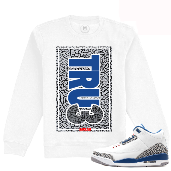 Match Jordan 3 True Blue OG | Rare Air True Print | White Crewneck Sweatshirt