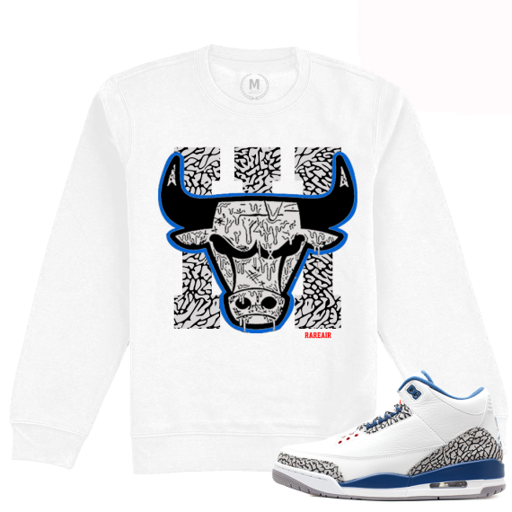 Match Jordan 3 True Blue OG | Bull Drip 3s | White Crewneck Sweatshirt