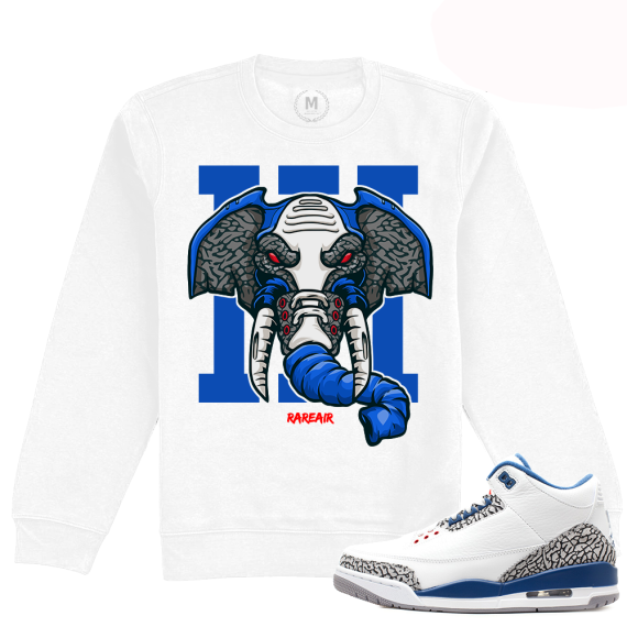 Match Jordan 3 True Blue OG | Rare Air Elephant | White Crewneck Sweatshirt