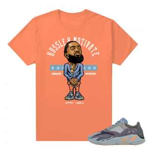 Carbon Blue Yeezy 700 | Nipsey Hussle Motivate | Bright Orange shirt