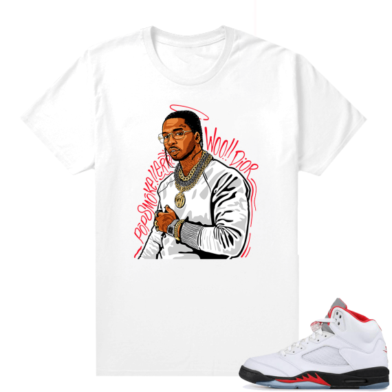 Fire Red 5s sneaker tees White - Pop Smoke Tribute