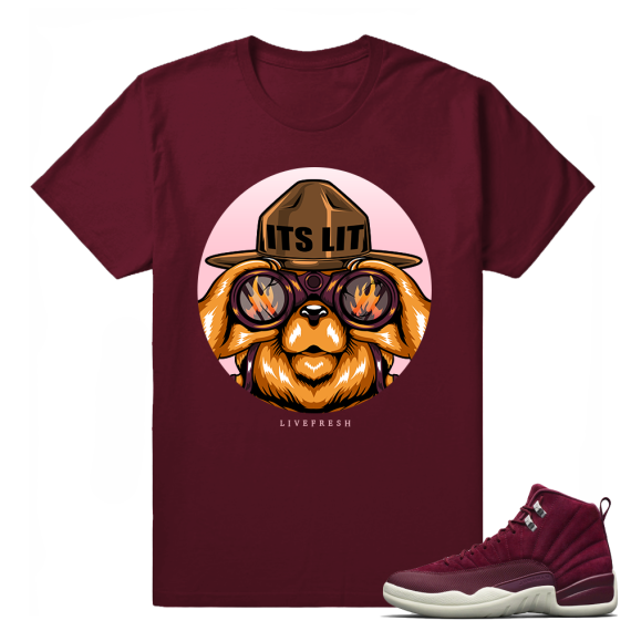 Jordan 12 Sneaker Shirt Bordeaux 'Its Lit Smokey Bear' Maroon T shirt