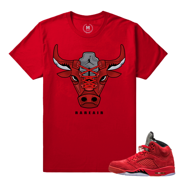 Jordan Retro 5 Red Suede - Rare Air 5s Bull Matching Shirt - Red