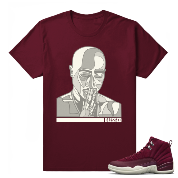 Match Jordan 12 Bordeaux T shirt 'Tupac Praying Hands' T shirt Maroon