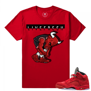 Jordan Retro 5 Red Suede - Live Fresh Bull Matching Shirt - Red