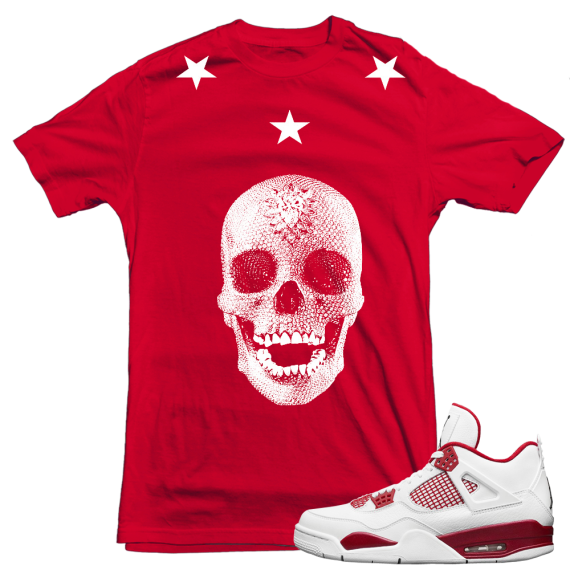 Air Jordan 4 Alternate 89 Sneakers match 'Love Of God Skull' t shirt| Red T shirt