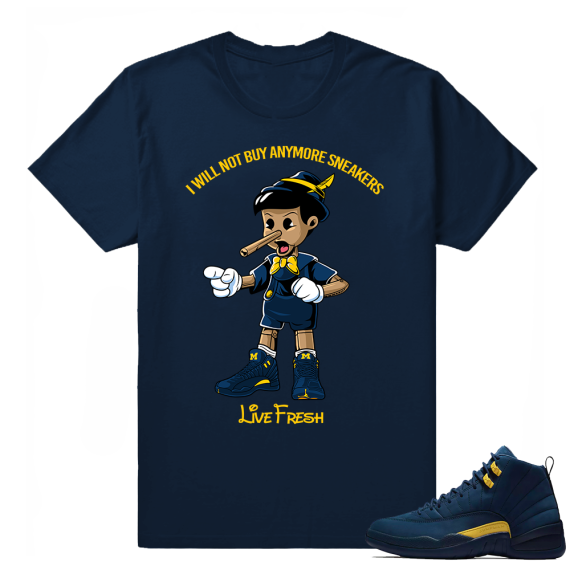 Air Jordan 12 Michigan t shirt  Sneakerhead Pinocchio  Navy Tee