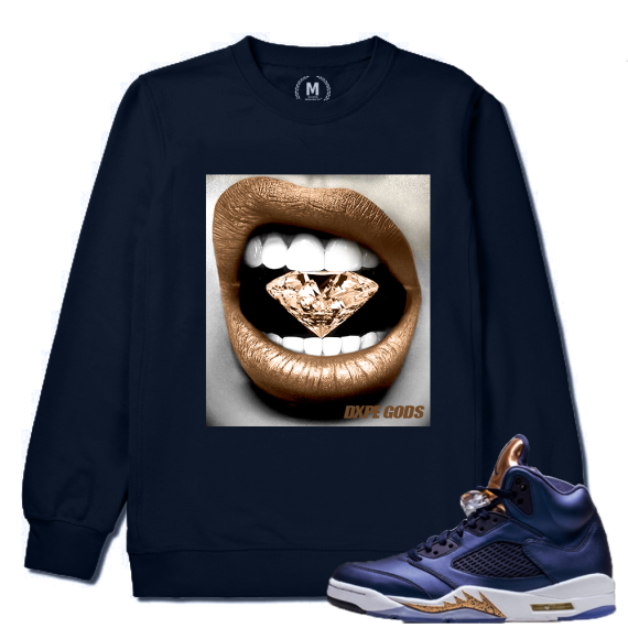 Air Jordan 5 Bronze Match Sneaker Tee | Diamond Lips | Navy Crewneck