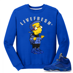 Air Jordan Retro 5 Blue Suede Crewneck 'Live Fresh Millhouse'- Royal Blue Crewneck