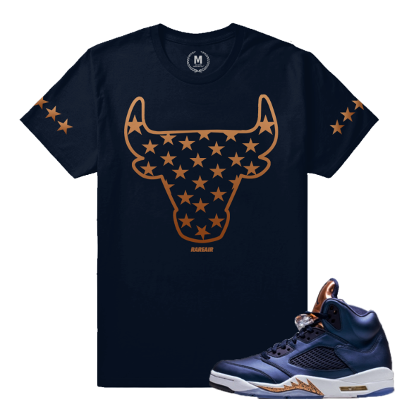 Air Jordan 5 Bronze Match Sneaker Tee | Rare Bull Stars | Navy T shirt