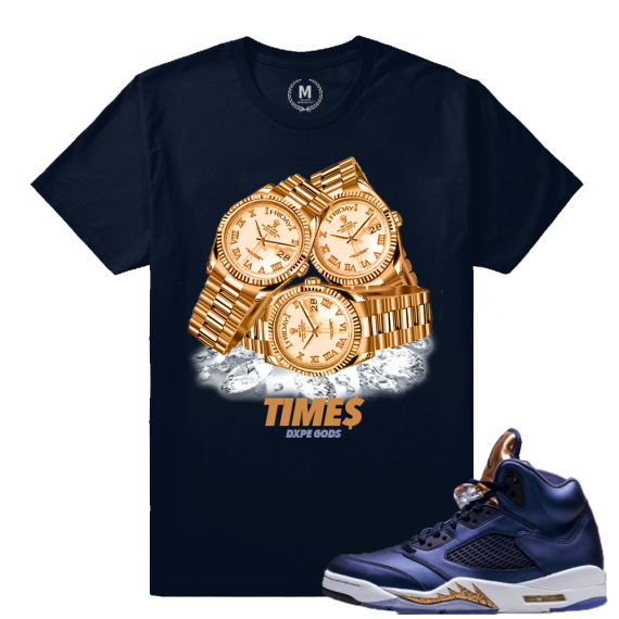 Air Jordan 5 Bronze Match Sneaker Tee | Dxpe Gods Time is Money | Navy T shirt