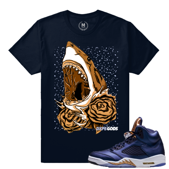 Air Jordan 5 Bronze Match Sneaker Tee | Dxpe Jaws | Navy T shirt