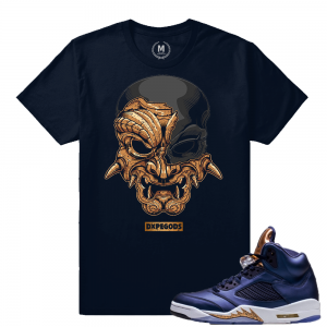 Air Jordan 5 Bronze Match Sneaker Tee | Bronze Samurai Mask | Navy T shirt