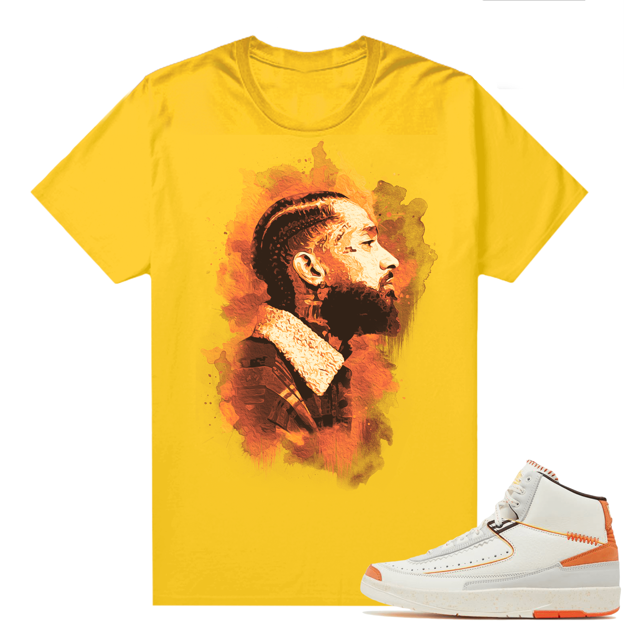 Jordan 2 Orange Sail Maison Chateau Rogue Shirts Gold Watercolor Nipsey