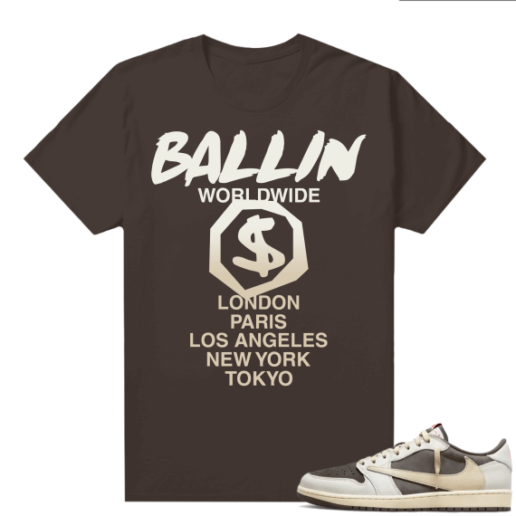 Travis Scott Jordan 1 Low Reverse Mocha Shirts Brown Ballin Worldwide