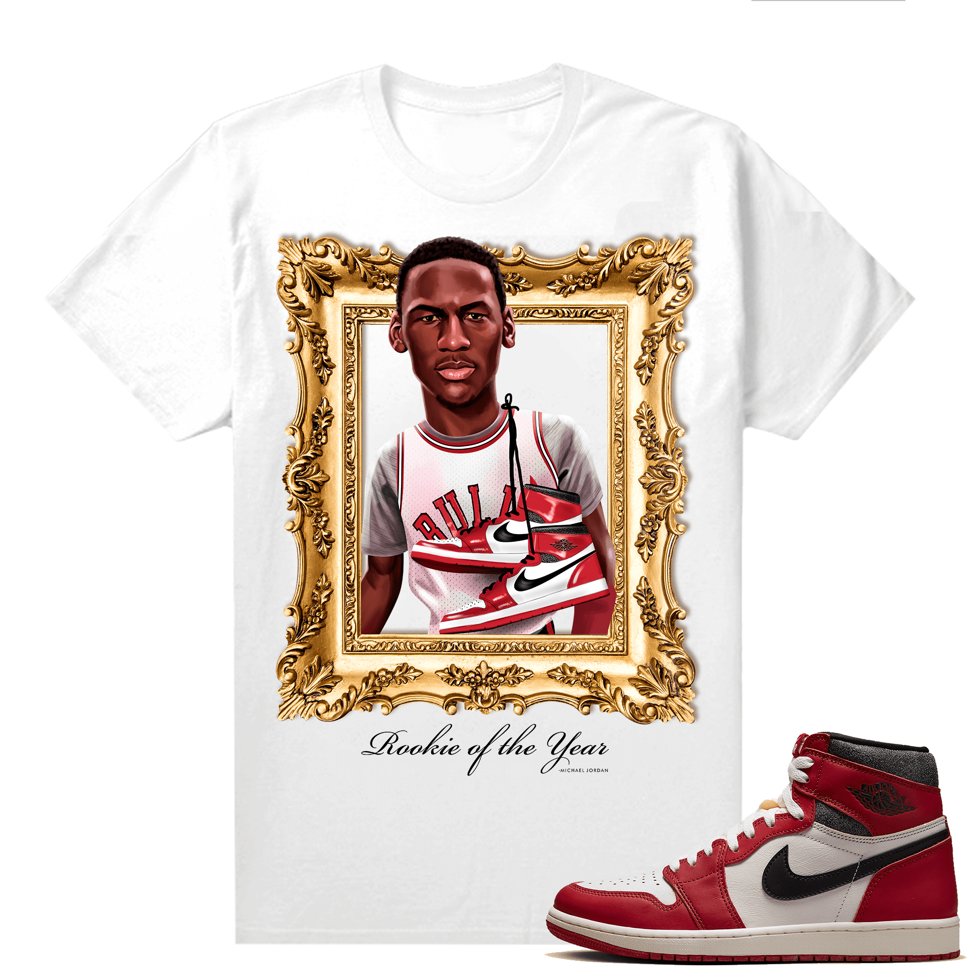 Chicago 1s Lost and Found  Shirt White MJ ROTY Gold Frame