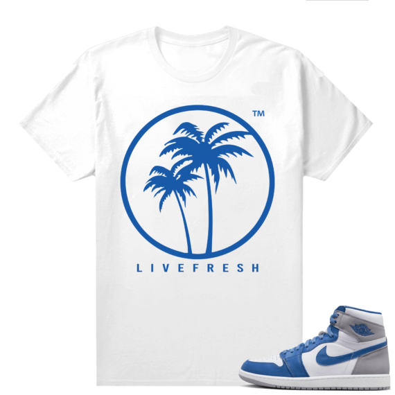 Jordan 1 True Blue shirts  White Live Fresh Palm Logo