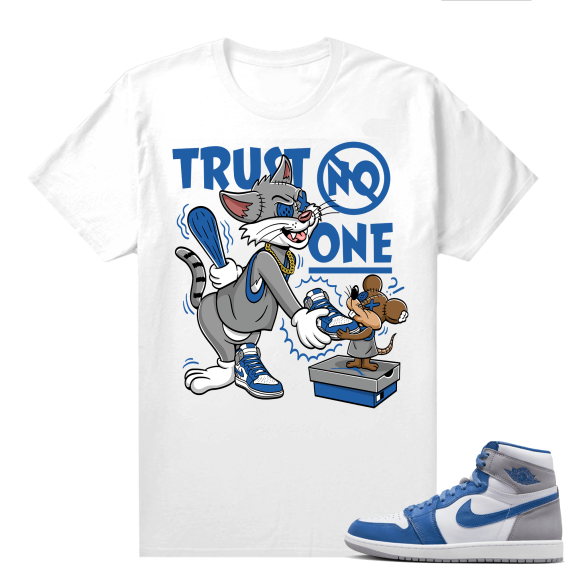 Jordan 1 True Blue shirts  White Trust No One Cartoon